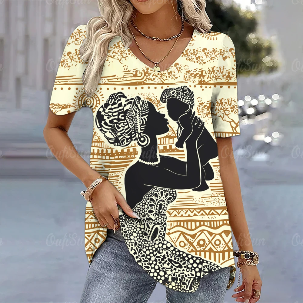 Летняя женская футболка с этническим принтом, Топы с коротким рукавом, V-образный вырез, Уличная одежда Оверсайз, Классическая женская одежда в стиле Харадзюку, Женские футболки Изображение 1