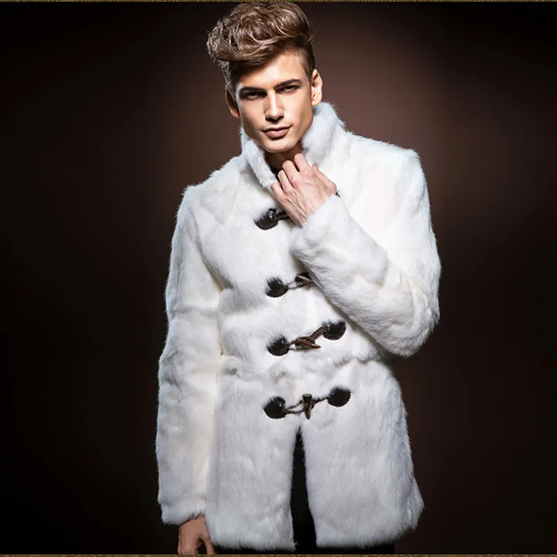 Пальто с пуговицами из искусственного меха, мужская зимняя толстая теплая белая шуба, куртка со стоячим воротником, тонкая верхняя одежда средней длины Изображение 1