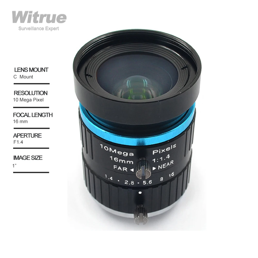 Профессиональный Промышленный объектив машинного зрения Witrue 4K HD 10MP 16mm C Mount с низким уровнем искажений F1.4-1.6 для HD-камеры видеонаблюдения Изображение 1