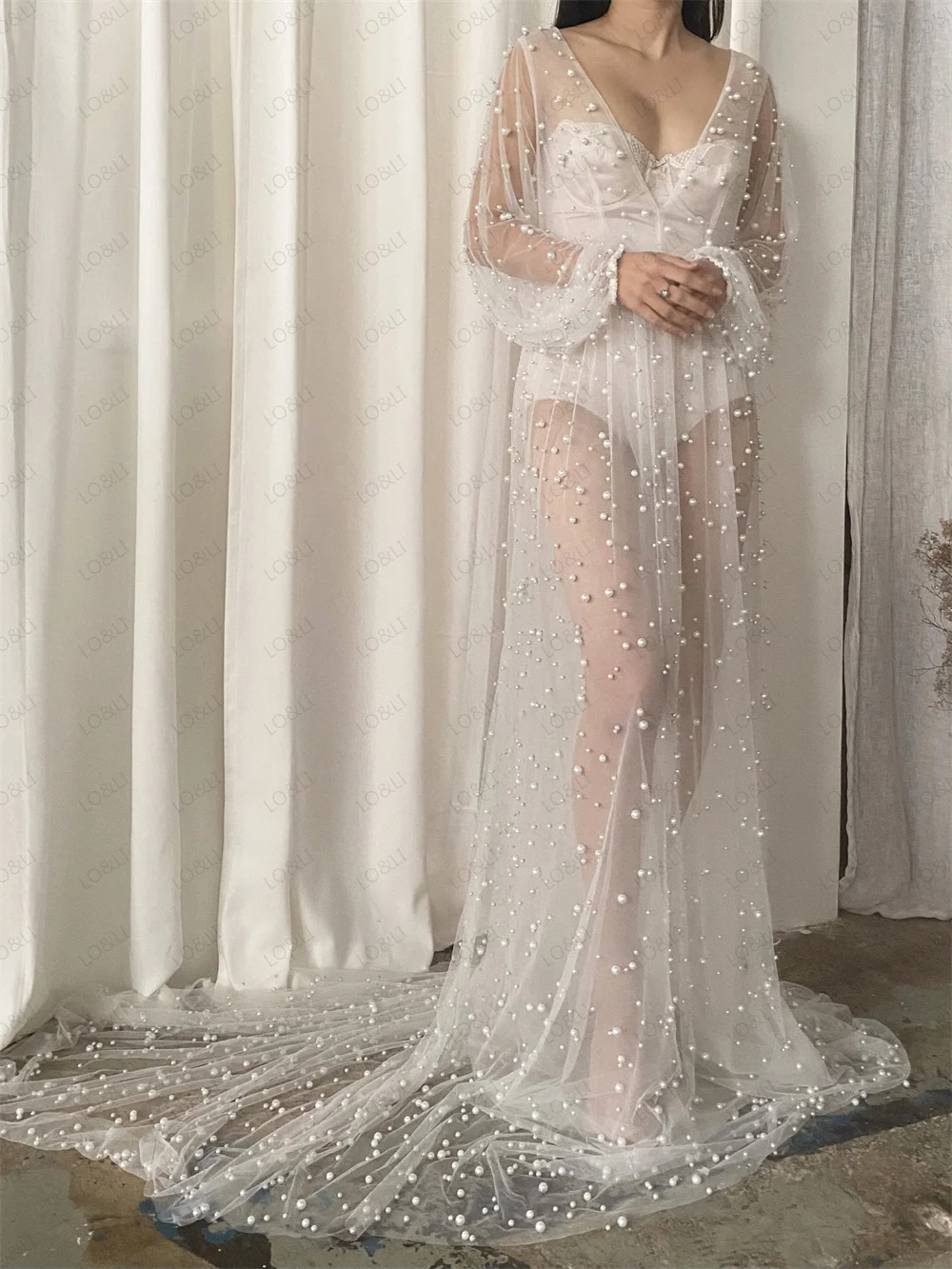 Элегантное Свадебное платье LO & LI с жемчугом цвета слоновой кости Kinimo, Пышные рукава Невесты, Роскошный Длинный тюлевый халат, Свадебный ночной халат Изображение 1