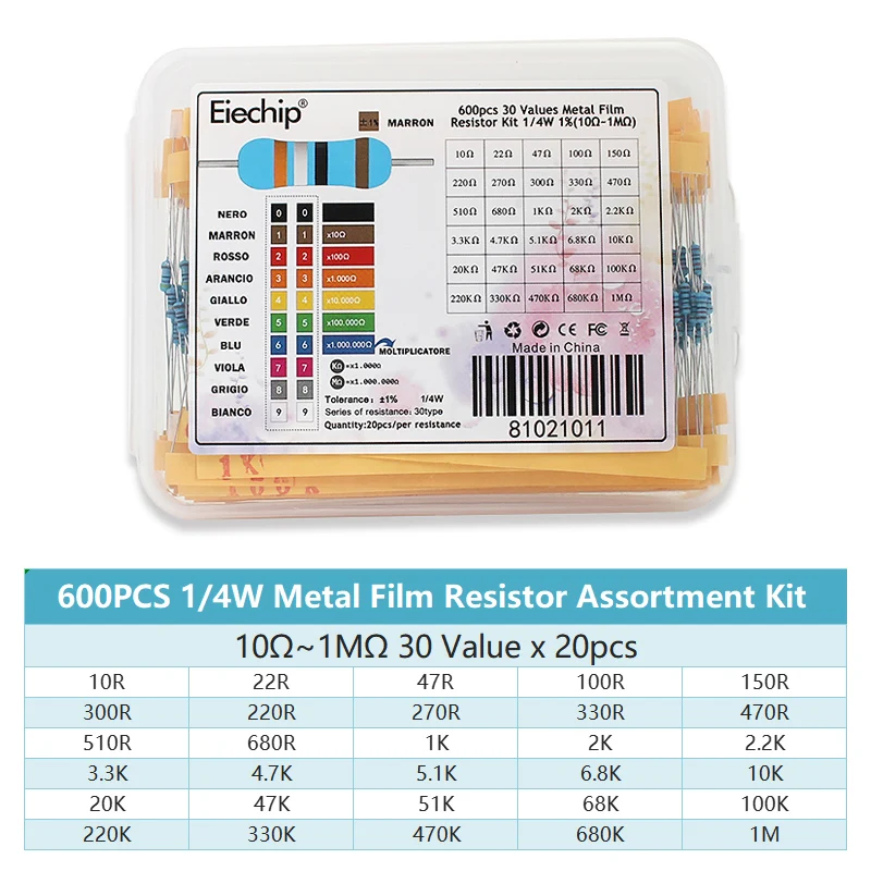 300-600 шт 1/4 Вт Комплект металлических пленочных резисторов Сопротивление 1% 10 Ом ~ 1 М 1R-10 М Набор резисторов 0,25 Вт Изображение 2