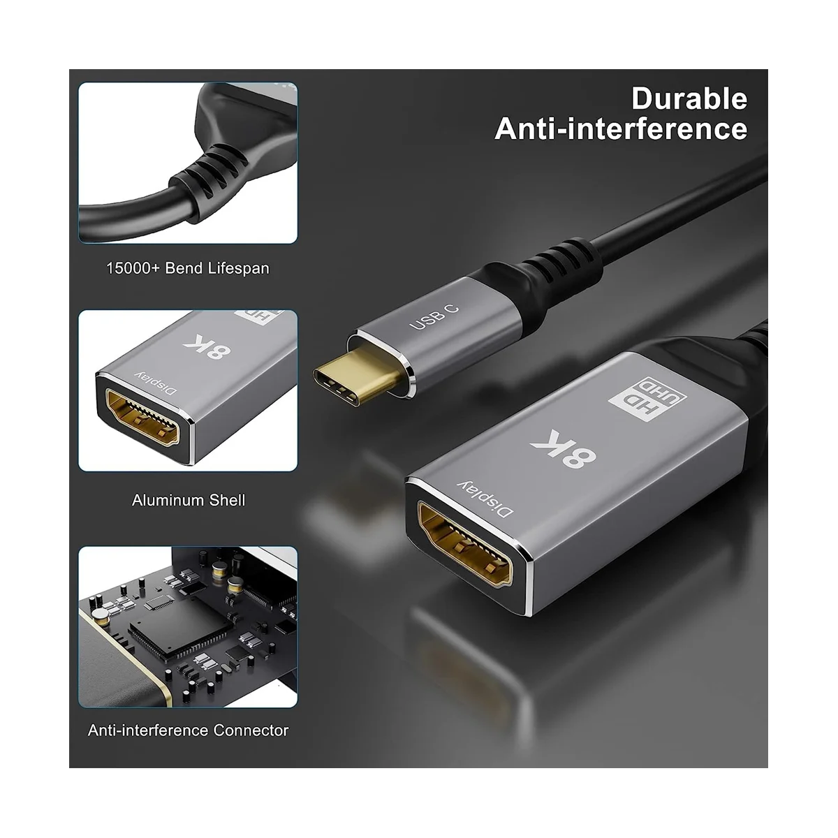 USB C-HDMI-совместимый адаптер 4K 120HZ, 8K 60HZ USB Type C-HDMI-Совместимый адаптер 2.1 Поддерживает скорость передачи 48 Гбит/с Изображение 2
