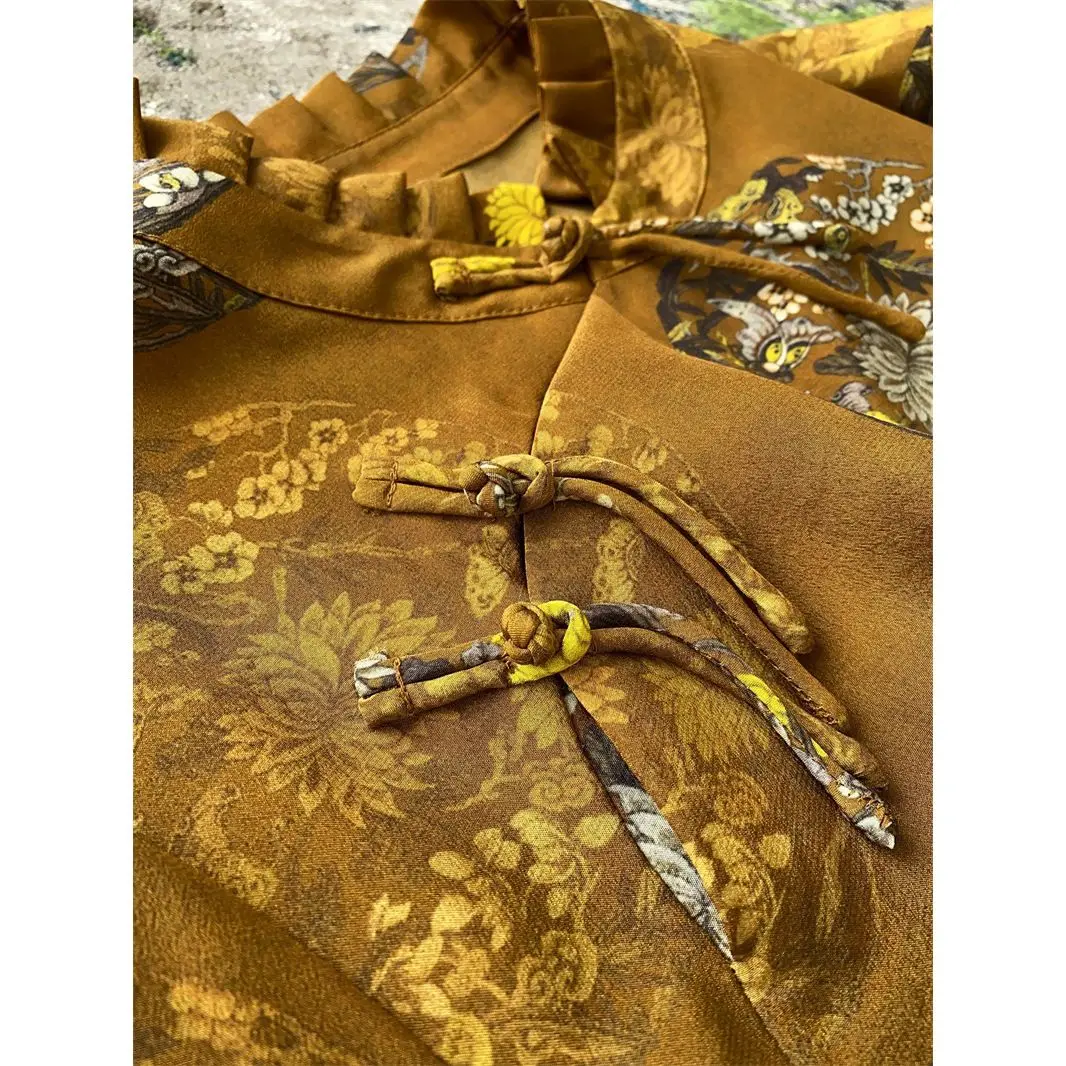 Блузка-рубашка в винтажном китайском стиле, женская диагональная планка с пряжкой, рубашка из искусственного шелка с цветочным рисунком, воротник-стойка, рубашка цвета шелковицы, топы Изображение 2