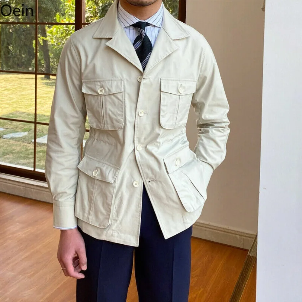 Винтажная мужская куртка-сафари с четырьмя карманами, охотничьи пальто, приталенный крой цвета Хаки, бежевый плюс Изображение 2