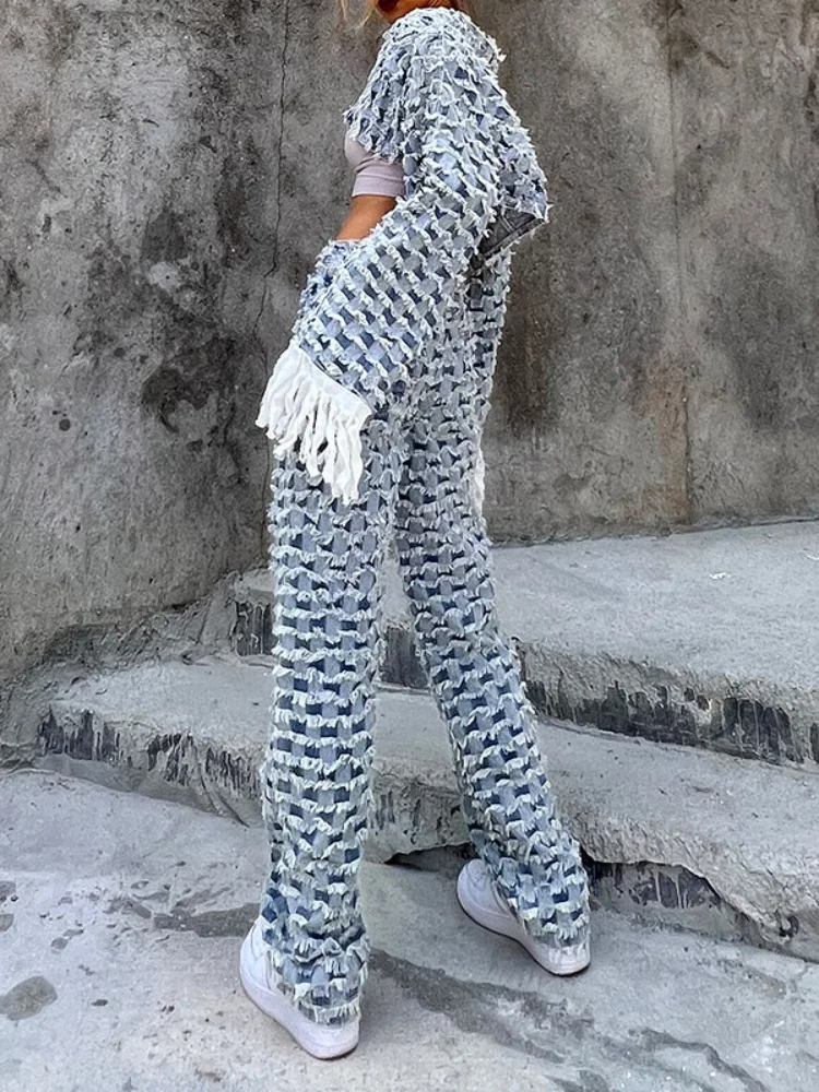 Винтажный уличный Сексуальный Джинсовый костюм Spice Girl, Женский осенний Новый кардиган с V-образным вырезом и кисточками, пальто + Прямые повседневные брюки, Модный комплект из 2 предметов Изображение 2