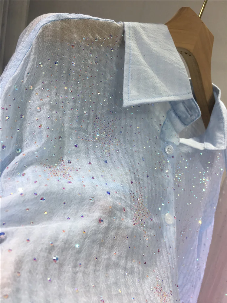 Высококачественная женская солнцезащитная рубашка с отложным воротником, Тонкие крутые Кардиганы, Летние блузки средней длины с блестящими бриллиантами Изображение 2