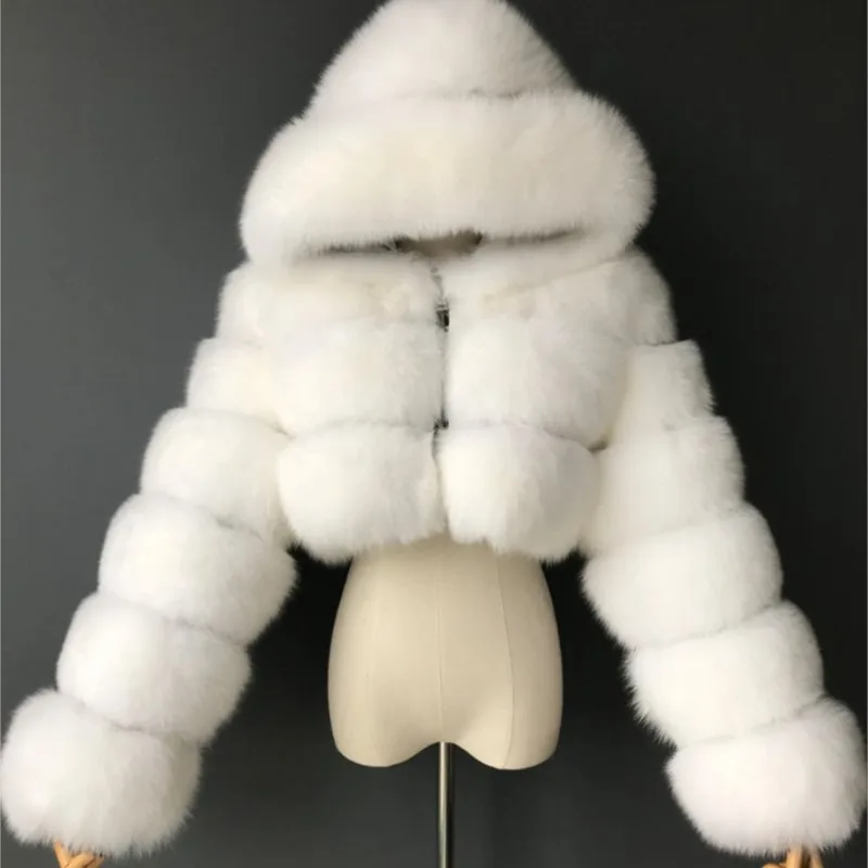 Высококачественные Пушистые Укороченные пальто и куртки из искусственного меха, женское Пушистое пальто с капюшоном, зимняя меховая куртка Manteau Femme Изображение 2