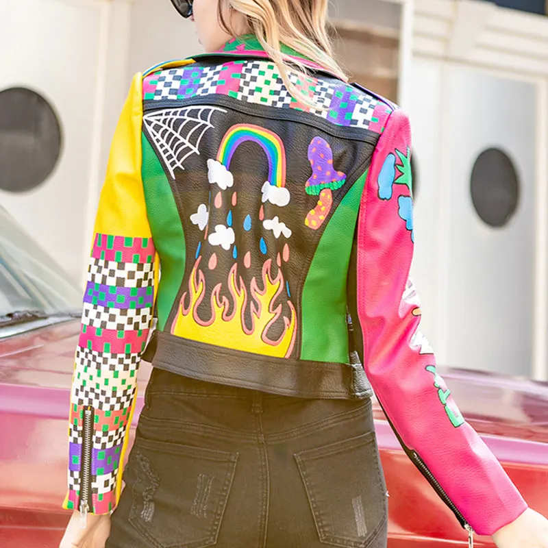 Женская куртка из искусственной кожи с рисунком граффити в клубном стиле с принтом огня и радуги, Женская мотоциклетная короткая кожаная верхняя одежда Изображение 2