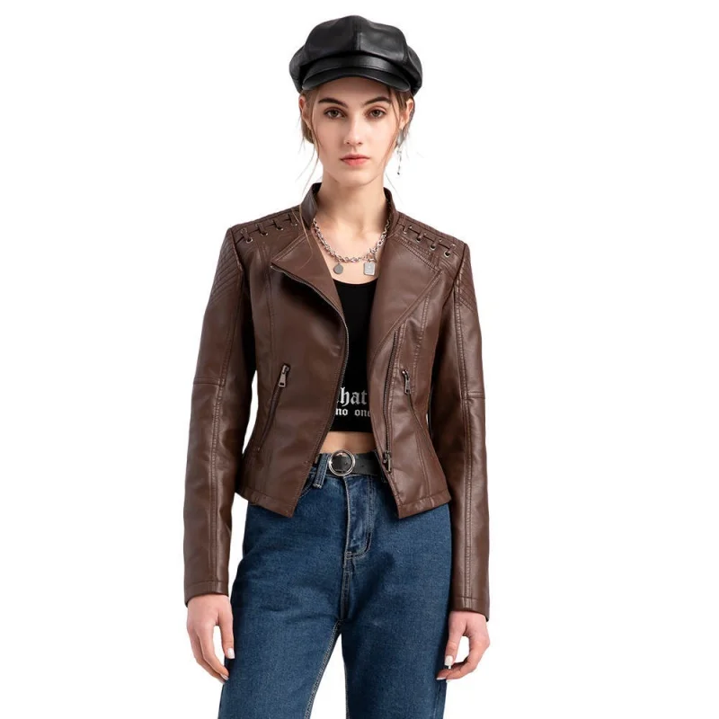 Женская модная кожаная куртка на шнуровке, приталенная демисезонная мотоциклетная куртка на молнии Изображение 2