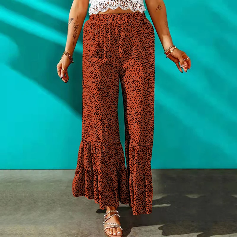 Женская уличная одежда, Модные Трендовые Свободные брюки, Летние Новые повседневные расклешенные брюки с винтажным принтом, Элегантные женские брюки средней талии Изображение 2