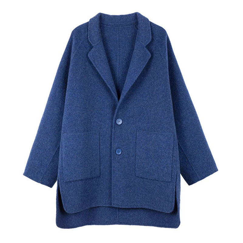 Женское зимнее однобортное шерстяное пальто С длинным рукавом, синее шерстяное пальто С лацканами, Небесно-голубое Женское пальто в корейском стиле, верхняя одежда Изображение 2