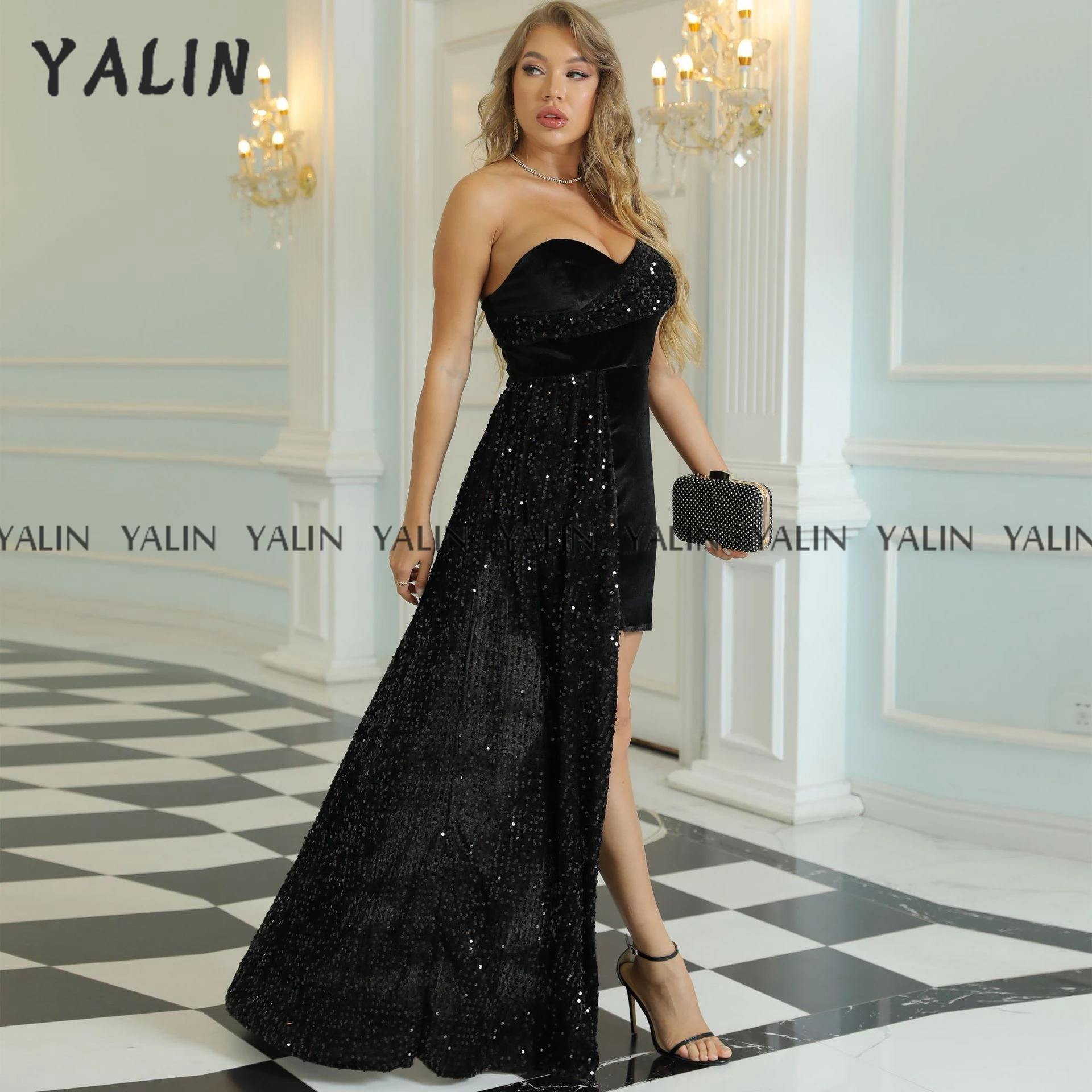 Коктейльное платье для выпускного вечера YALIN Black с вырезом в виде сердца, Прозрачное короткое вечернее платье с открытыми плечами, Элегантный вечерний халат Изображение 2