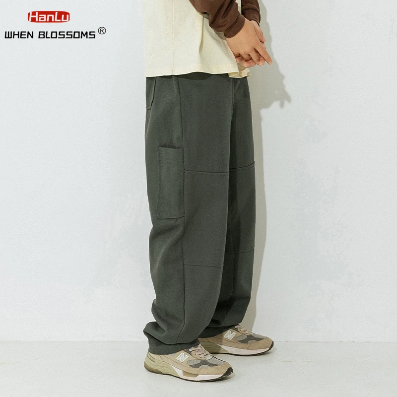 Корейско-японская Уличная одежда, Хлопковые Повседневные брюки, Мужские брюки цвета Хаки Оверсайз, Мужские Уличные брюки в стиле Пэчворк, Черные, Зеленые, Свободные Брюки-карго Изображение 2