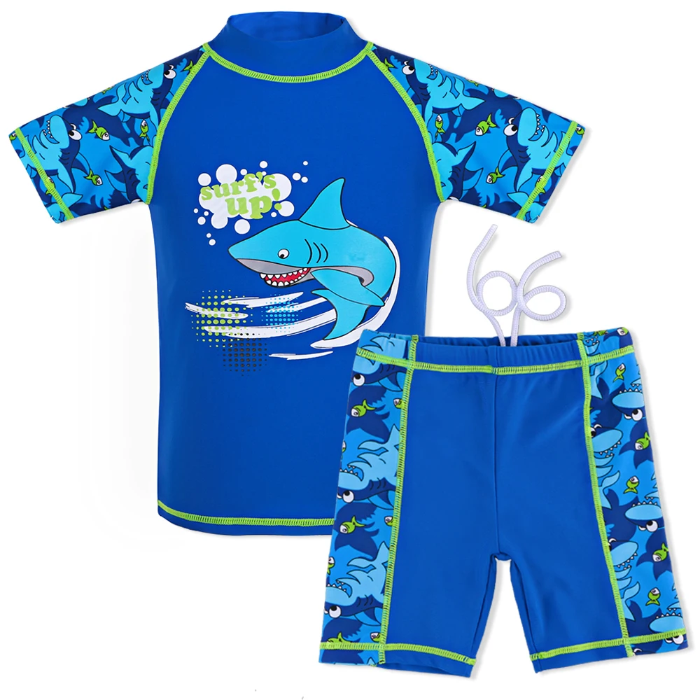Купальный костюм для мальчиков 3-10 лет, Купальник из двух частей, Детский купальник с рисунком Мультяшной акулы UPF50 +, Купальный костюм для мальчиков, Детская одежда для плавания из лайкры Изображение 2
