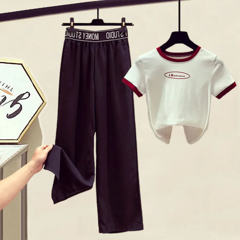 Летний женский комплект 2023, Новая модная стильная футболка с коротким рукавом, с высокой талией, из ледяного шелка, Широкие брюки, повседневный комплект из двух предметов Изображение 2