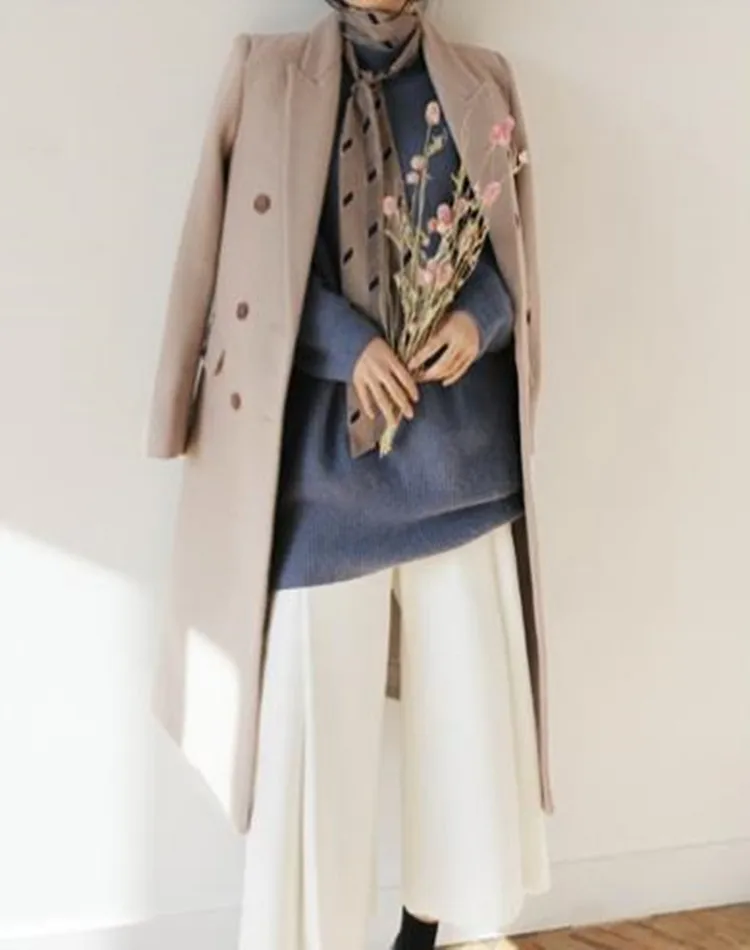 Модное зимнее Длинное шерстяное пальто Женское Двубортное Тонкое Из смесовой шерсти OL Верхняя одежда Изображение 2