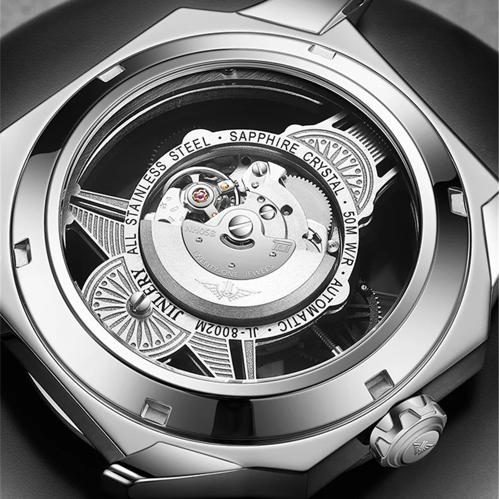 Мужские автоматические механические часы JINLERY, роскошные наручные часы со светящимся сапфировым стеклом, механические часы со скелетом Relogio Masculino Изображение 2