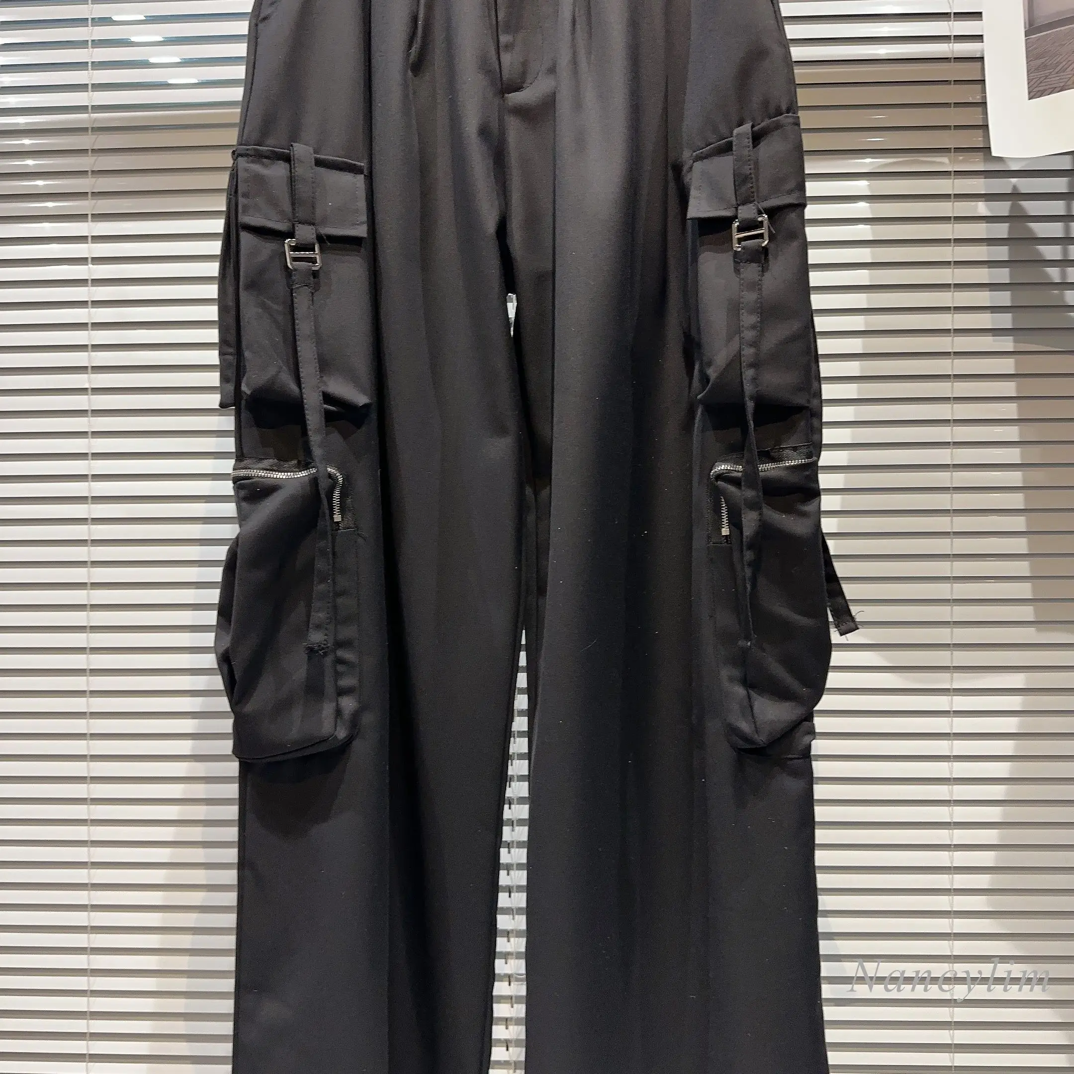Новинка осени 2023, Черные брюки с боковым карманом для уличной модницы, женские однотонные Свободные комбинезоны, повседневные уличные брюки Изображение 2