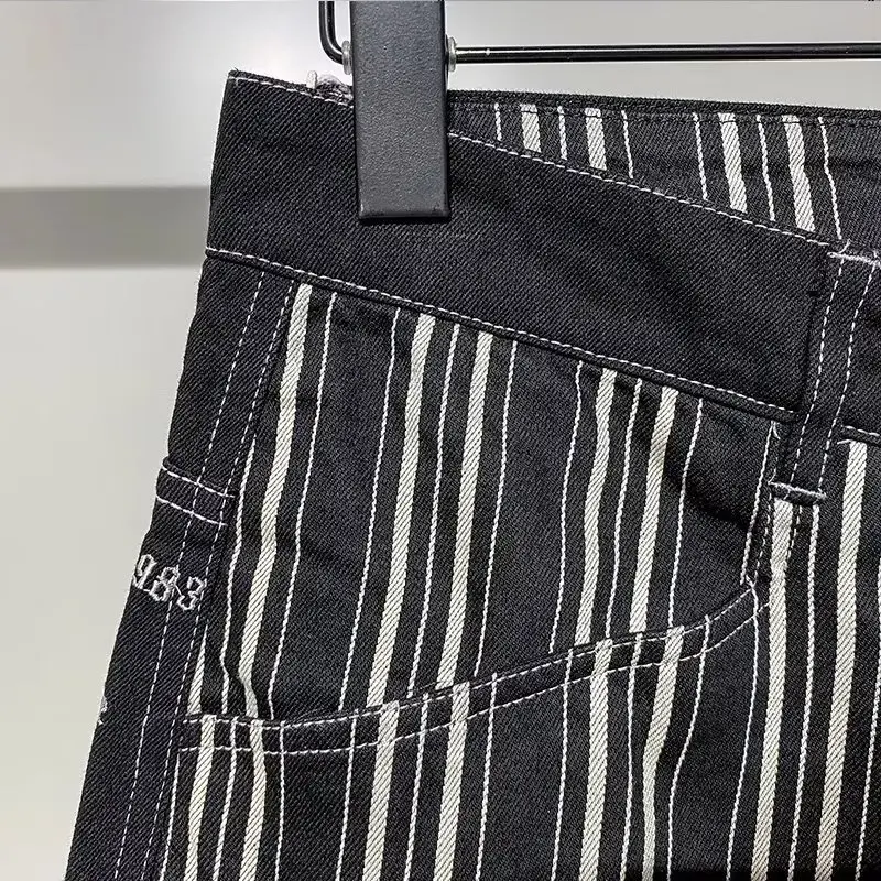 Полосатые контрастные джинсовые шорты в стиле пэчворк для мужчин, летняя японская модная рабочая одежда, брюки 5/4, Свободные прямые брюки Изображение 2
