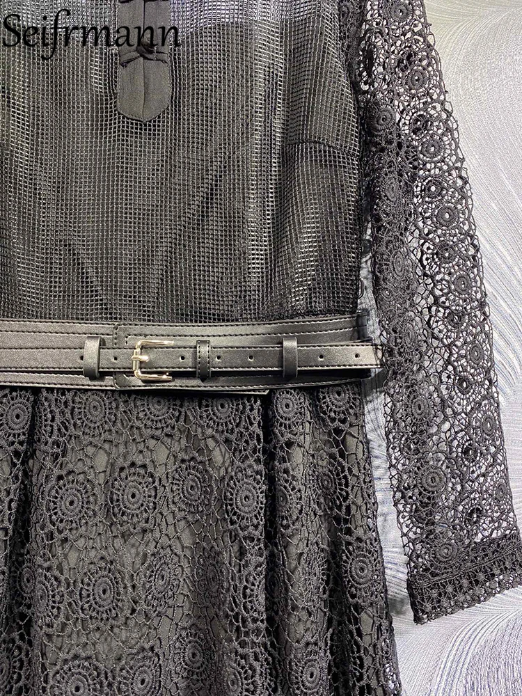 Seifrmann Высококачественное весеннее женское модное дизайнерское длинное платье с поясом, высокой талией, открытыми плечами, большими размахами, черными платьями с принтом Изображение 3