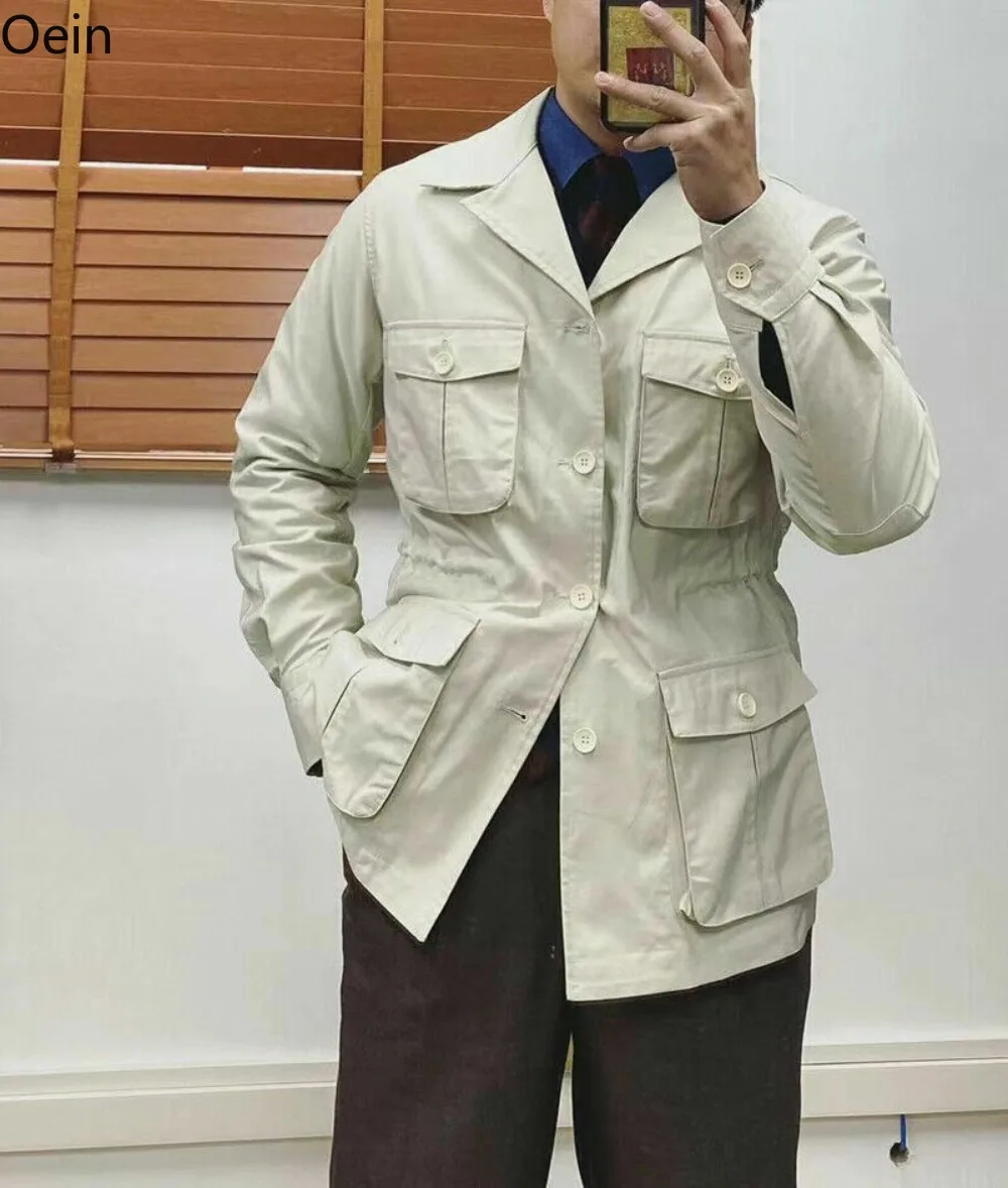 Винтажная мужская куртка-сафари с четырьмя карманами, охотничьи пальто, приталенный крой цвета Хаки, бежевый плюс Изображение 3