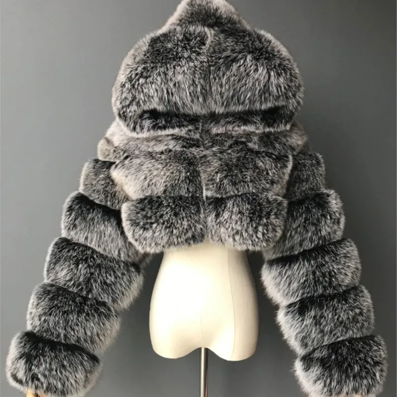 Высококачественные Пушистые Укороченные пальто и куртки из искусственного меха, женское Пушистое пальто с капюшоном, зимняя меховая куртка Manteau Femme Изображение 3
