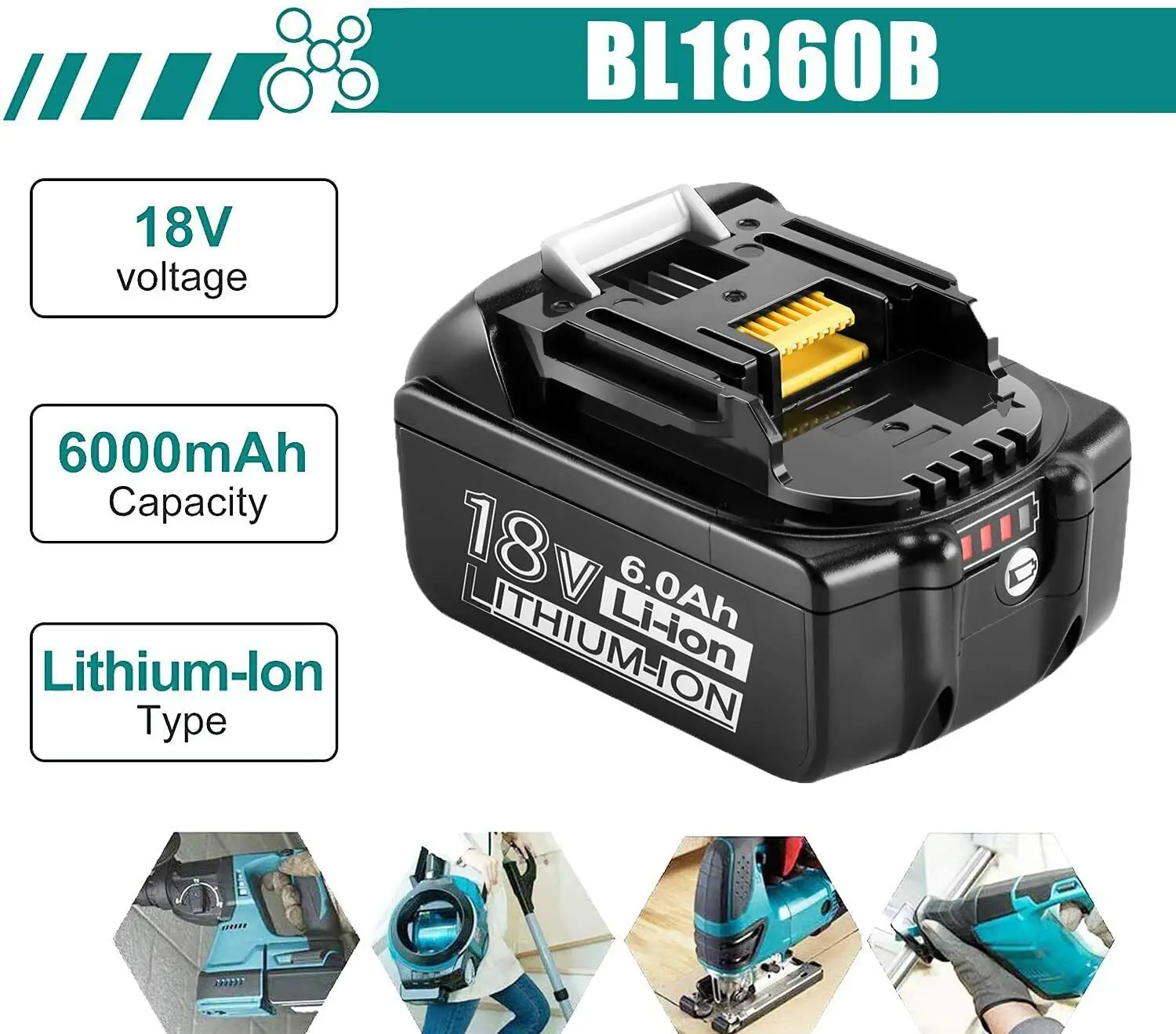 Для Makita 18V 6000mAh Аккумуляторная Батарея для Электроинструментов со светодиодной литий-ионной Заменой LXT BL1860B BL1860 BL1850 BL1830 Изображение 3