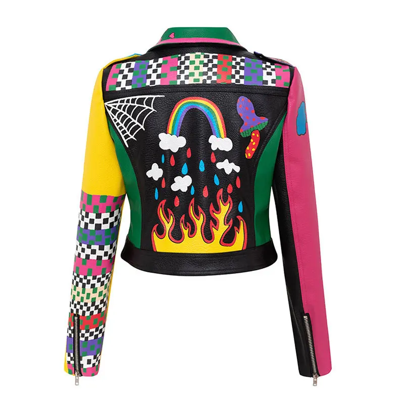 Женская куртка из искусственной кожи с рисунком граффити в клубном стиле с принтом огня и радуги, Женская мотоциклетная короткая кожаная верхняя одежда Изображение 3