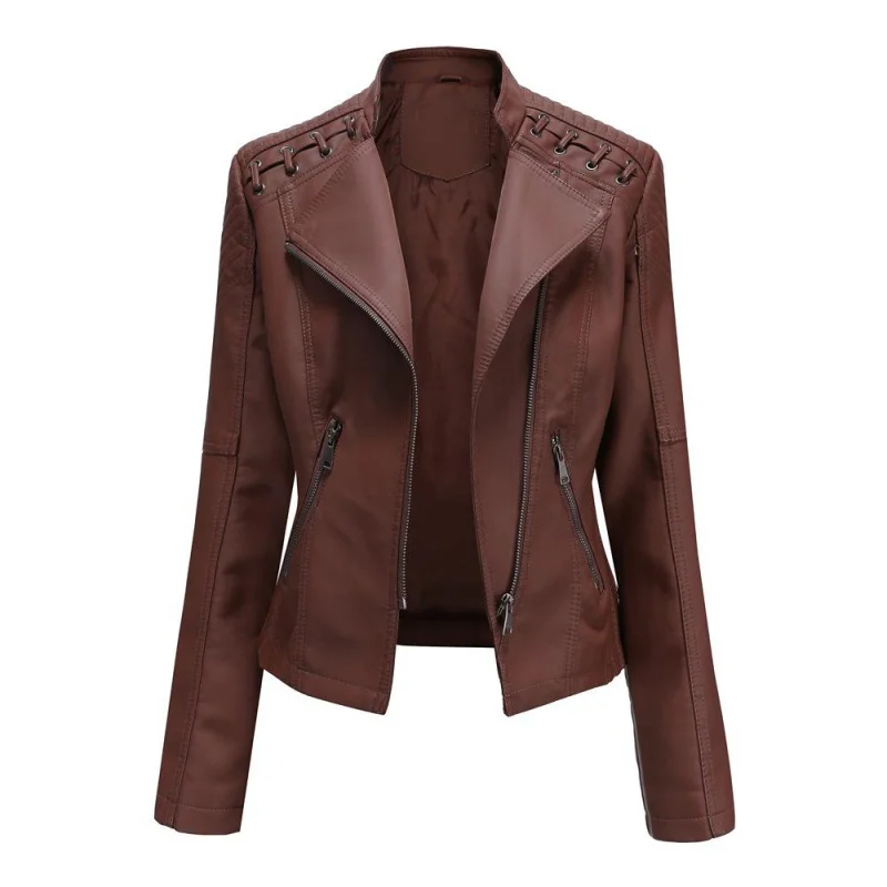 Женская модная кожаная куртка на шнуровке, приталенная демисезонная мотоциклетная куртка на молнии Изображение 3