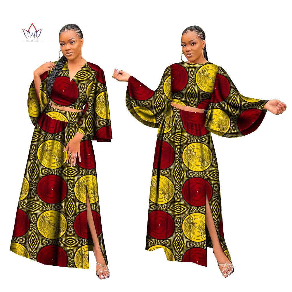 Женский комплект из двух предметов, летняя африканская юбка с длинным рукавом, блузка, женская одежда с принтом в африканском стиле, элегантные женские комплекты YF128 Изображение 3