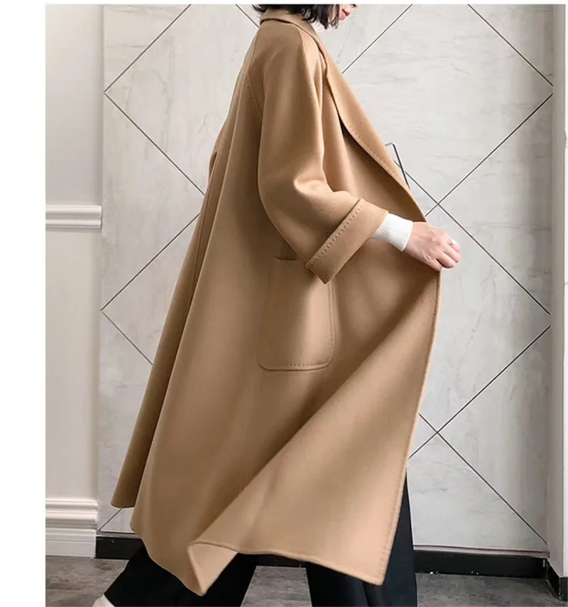 Женщины 2023 знаменитое Длинное Шерстяное пальто из натурального Кашемира, Женская верхняя одежда с длинным тренчем из натурального меха Изображение 3