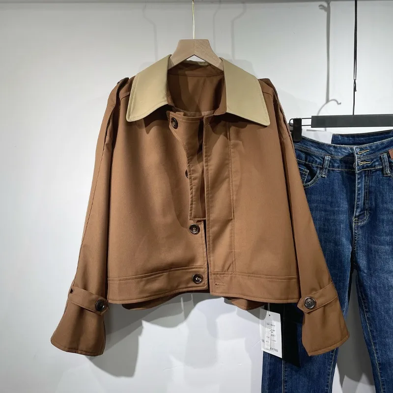 Короткий женский тренч Sandro Rivers, контрастный цвет, Свободный винтажный топ, приятная аура, Куртка в тон, осень Изображение 3