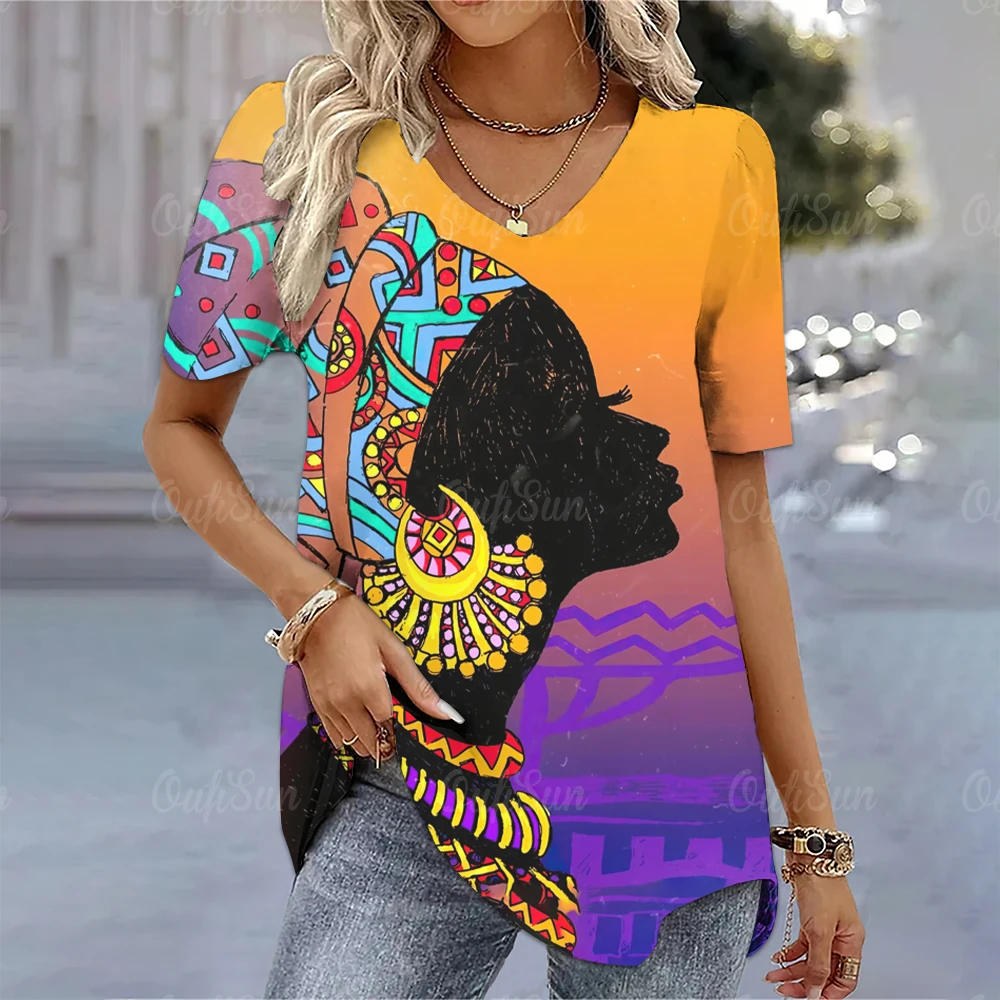 Летняя женская футболка с этническим принтом, Топы с коротким рукавом, V-образный вырез, Уличная одежда Оверсайз, Классическая женская одежда в стиле Харадзюку, Женские футболки Изображение 3