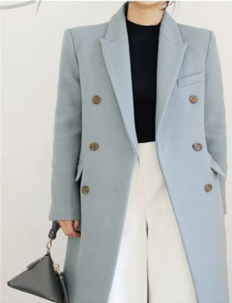Модное зимнее Длинное шерстяное пальто Женское Двубортное Тонкое Из смесовой шерсти OL Верхняя одежда Изображение 3