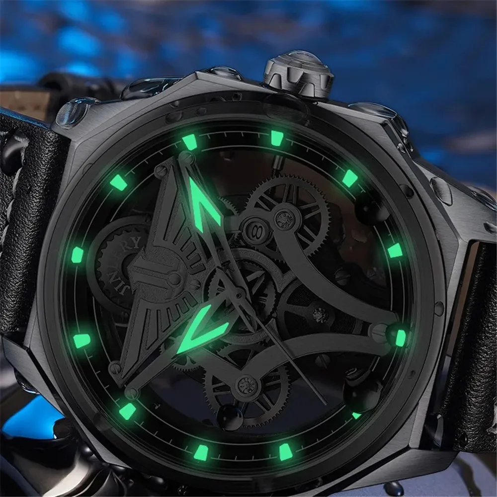 Мужские автоматические механические часы JINLERY, роскошные наручные часы со светящимся сапфировым стеклом, механические часы со скелетом Relogio Masculino Изображение 3