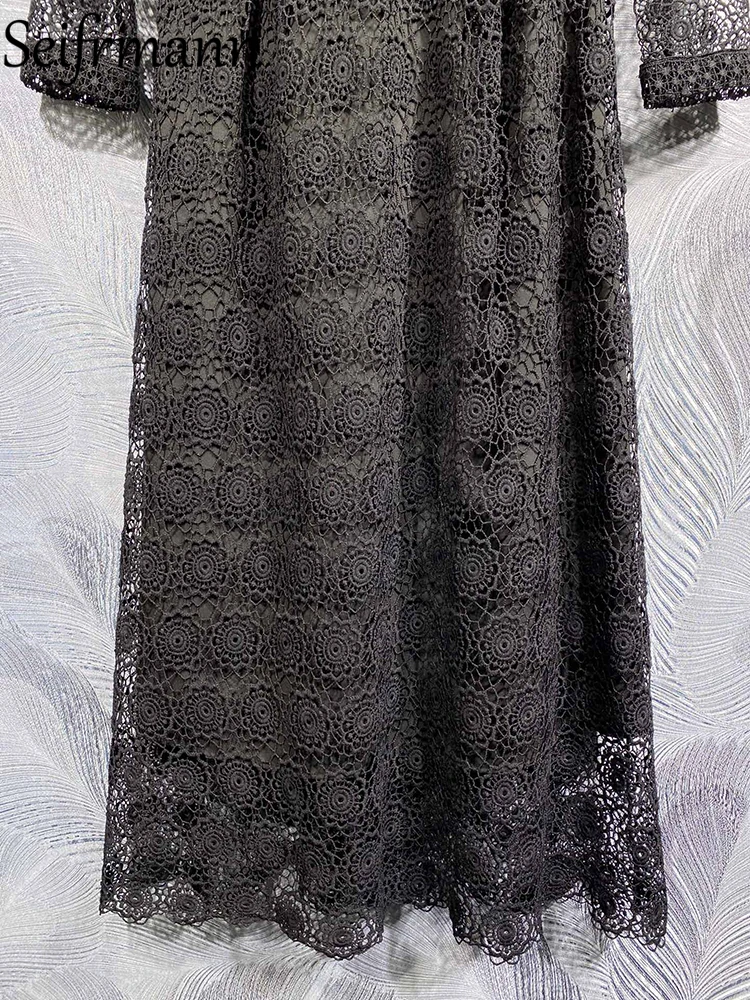 Seifrmann Высококачественное весеннее женское модное дизайнерское длинное платье с поясом, высокой талией, открытыми плечами, большими размахами, черными платьями с принтом Изображение 4