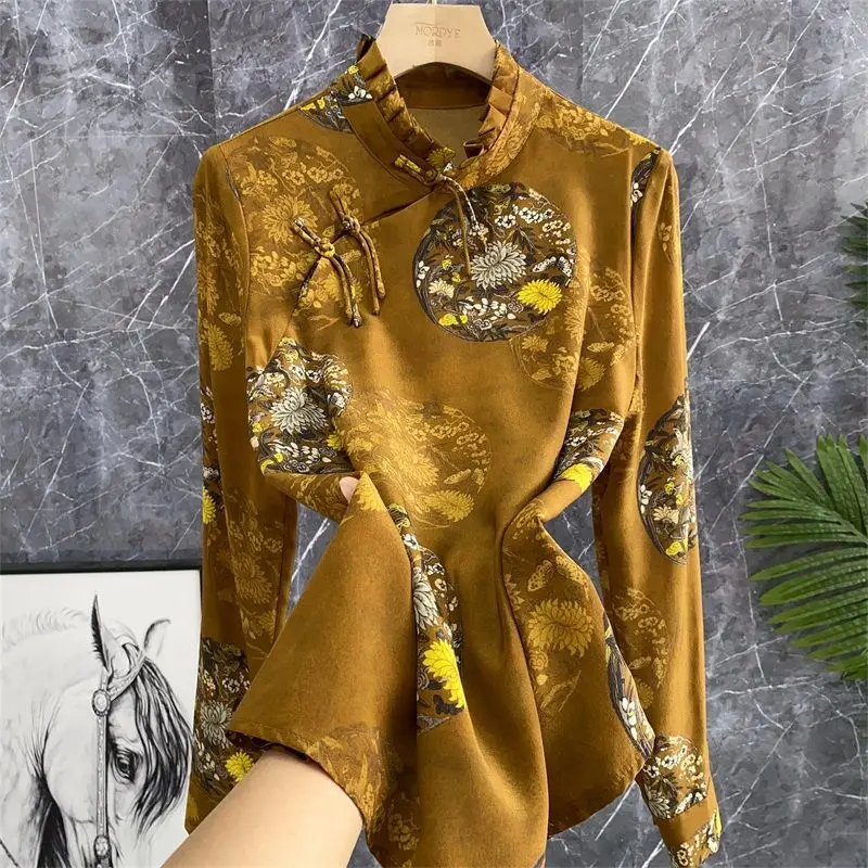 Блузка-рубашка в винтажном китайском стиле, женская диагональная планка с пряжкой, рубашка из искусственного шелка с цветочным рисунком, воротник-стойка, рубашка цвета шелковицы, топы Изображение 4