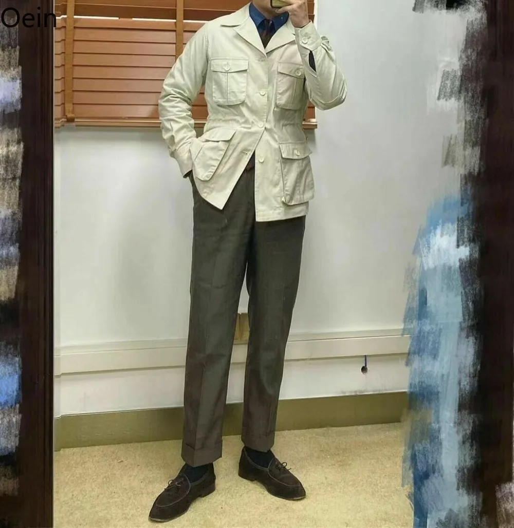 Винтажная мужская куртка-сафари с четырьмя карманами, охотничьи пальто, приталенный крой цвета Хаки, бежевый плюс Изображение 4
