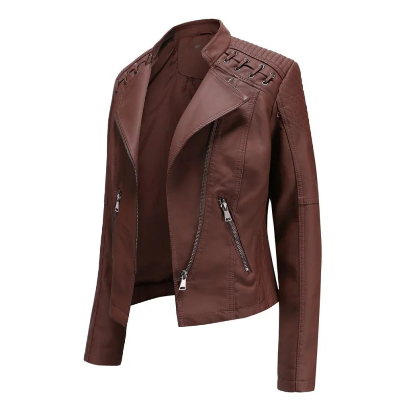 Женская модная кожаная куртка на шнуровке, приталенная демисезонная мотоциклетная куртка на молнии Изображение 4
