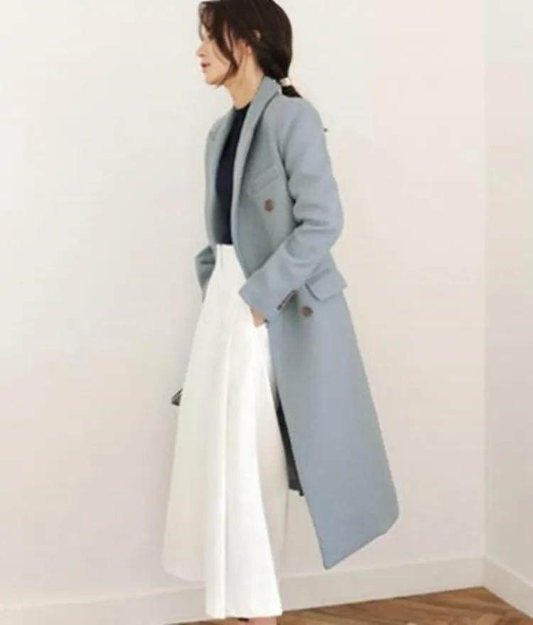 Модное зимнее Длинное шерстяное пальто Женское Двубортное Тонкое Из смесовой шерсти OL Верхняя одежда Изображение 4
