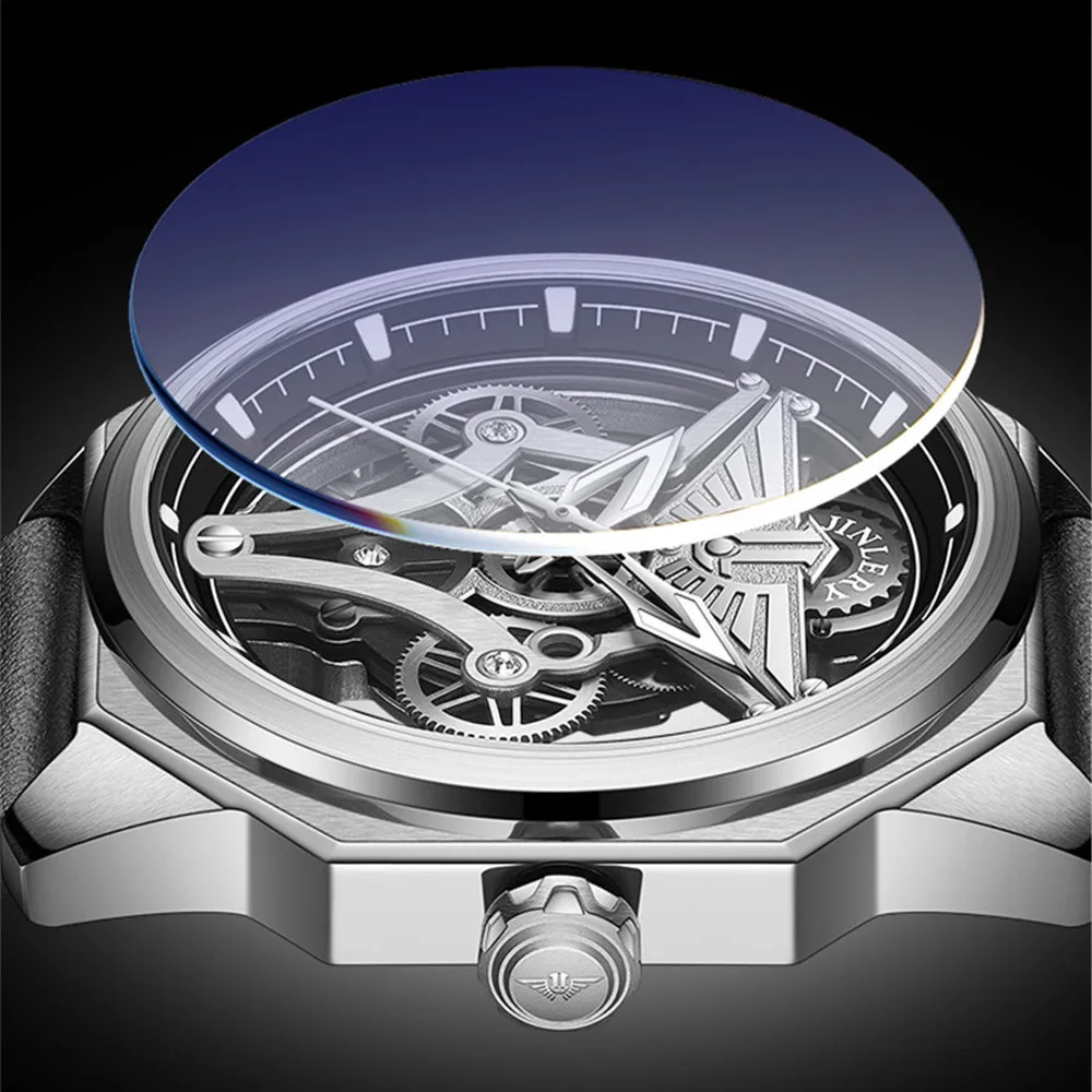 Мужские автоматические механические часы JINLERY, роскошные наручные часы со светящимся сапфировым стеклом, механические часы со скелетом Relogio Masculino Изображение 4