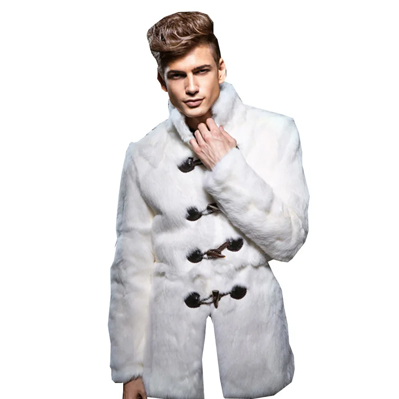 Пальто с пуговицами из искусственного меха, мужская зимняя толстая теплая белая шуба, куртка со стоячим воротником, тонкая верхняя одежда средней длины Изображение 4