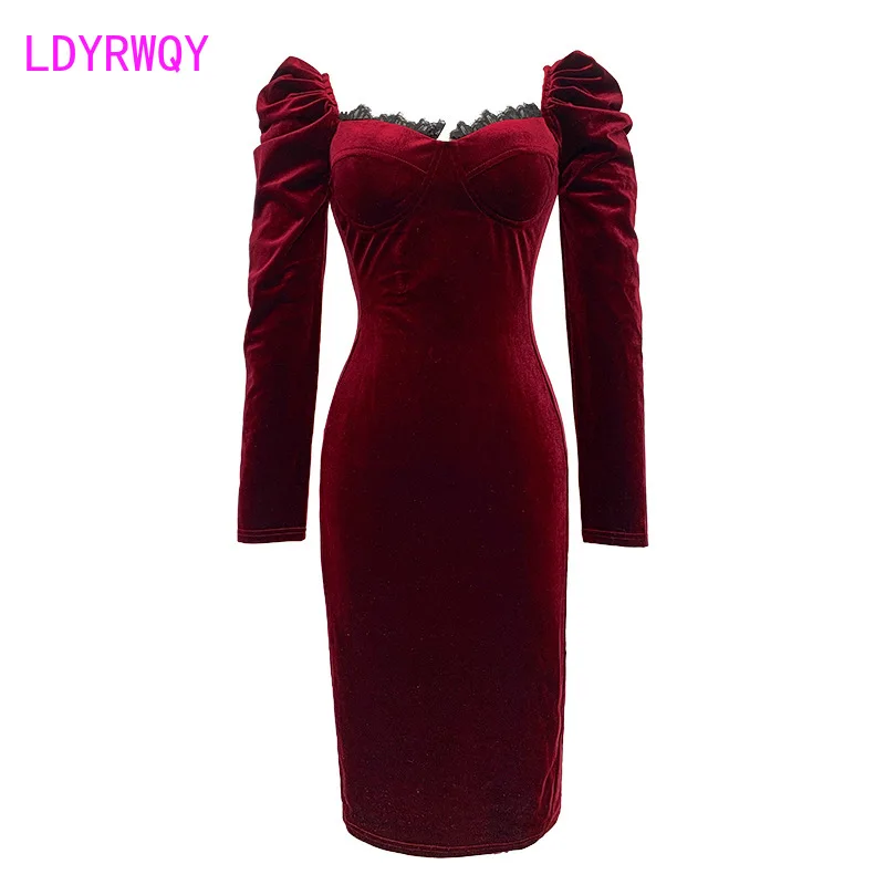 2021 Французское ретро-платье в стиле Хепберн, винно-красное золотое бархатное платье с длинными рукавами, женское осенне-зимнее Изображение 5