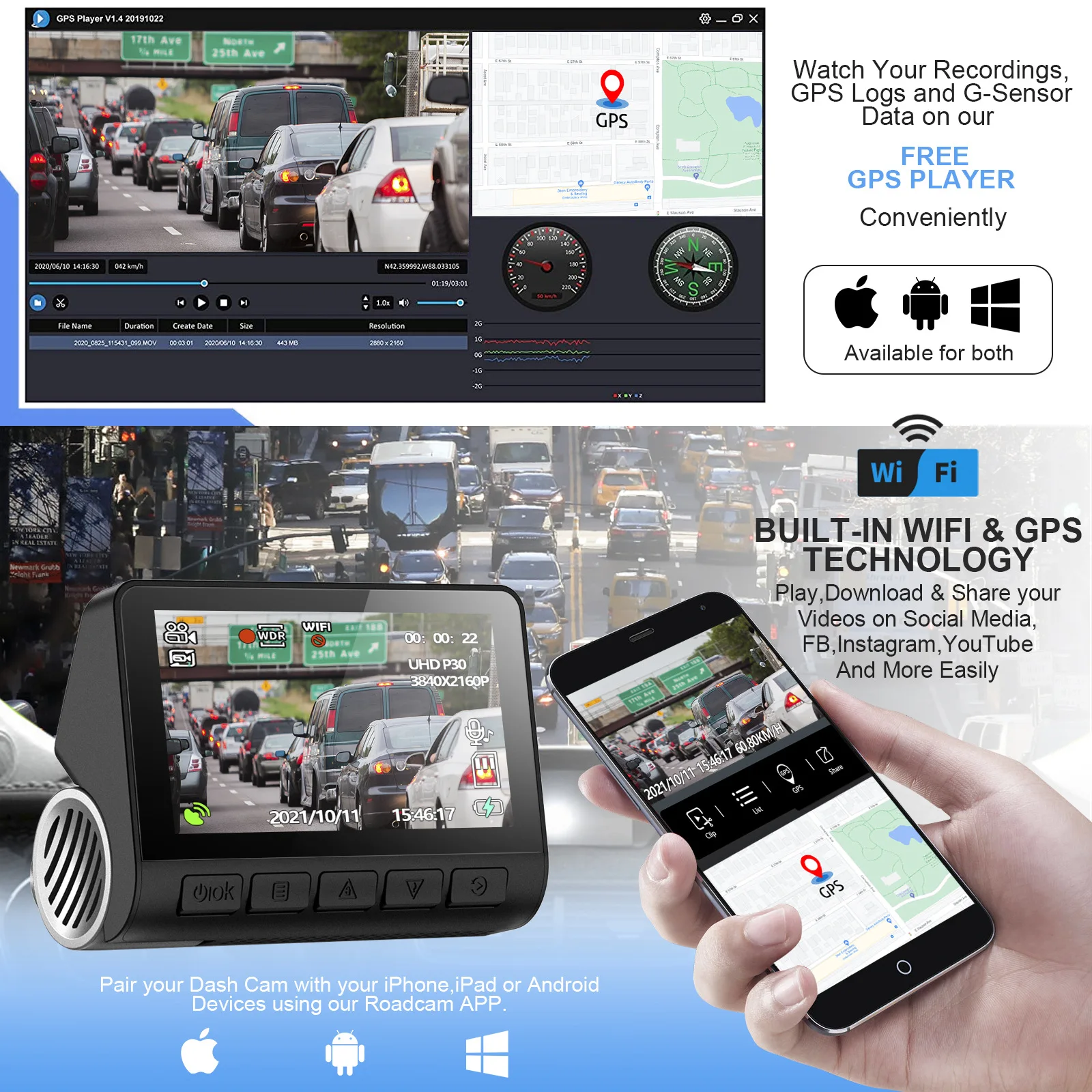 Видеорегистратор 4K GPS WIFI 24h Парковочный Монитор Dash Cam для автомобильной Камеры Спереди и Сзади, Двойные Видеорегистраторы, Видеорегистратор Dvr Para Coche Kamera Изображение 5