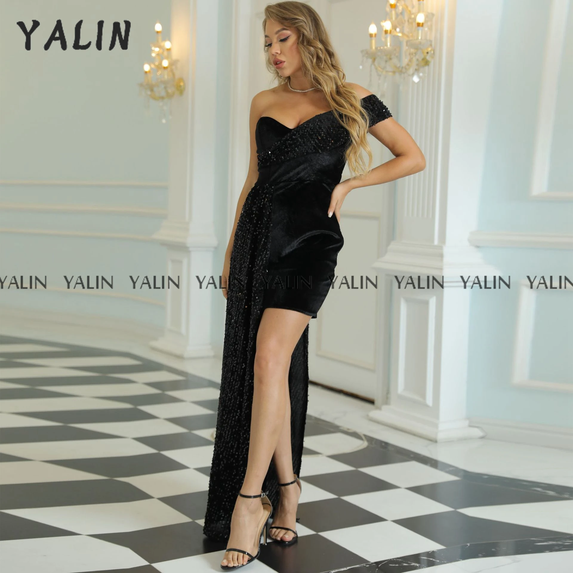 Коктейльное платье для выпускного вечера YALIN Black с вырезом в виде сердца, Прозрачное короткое вечернее платье с открытыми плечами, Элегантный вечерний халат Изображение 5