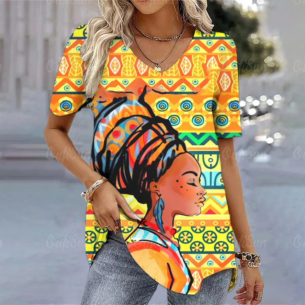 Летняя женская футболка с этническим принтом, Топы с коротким рукавом, V-образный вырез, Уличная одежда Оверсайз, Классическая женская одежда в стиле Харадзюку, Женские футболки Изображение 5