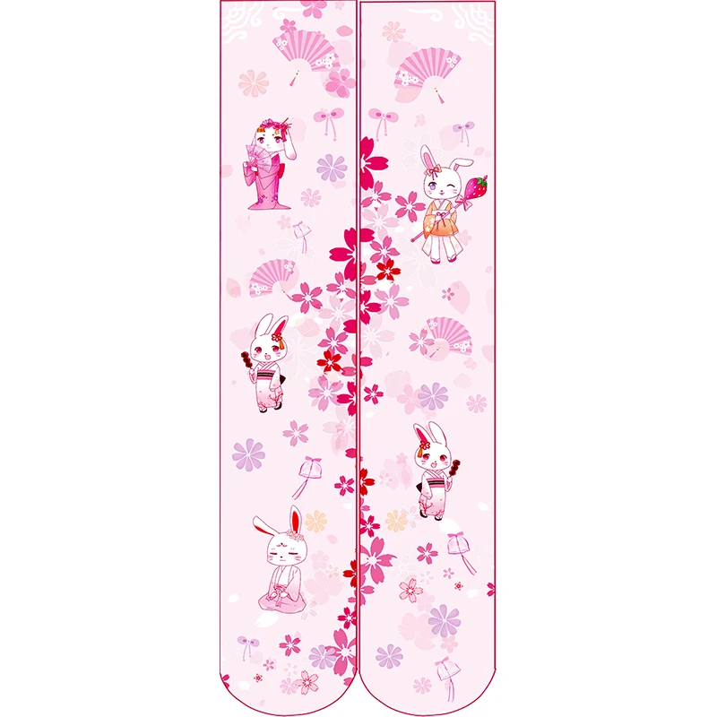 Милые Женские чулки выше колена с рисунком из мультфильма, Розовый цветок с кроликом, Сексуальные высокие чулки, двухмерные японские модные чулки для девочек Изображение 5