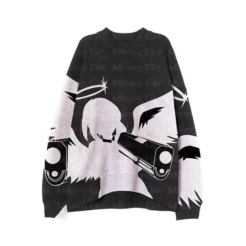 Мужская уличная одежда в стиле хип-хоп, Harajuku y2k, свитер Оверсайз, Винтажный Ангел, поднимающий пистолет, Трикотажные Хлопковые готические свитера, Пуловер Унисекс Изображение 5