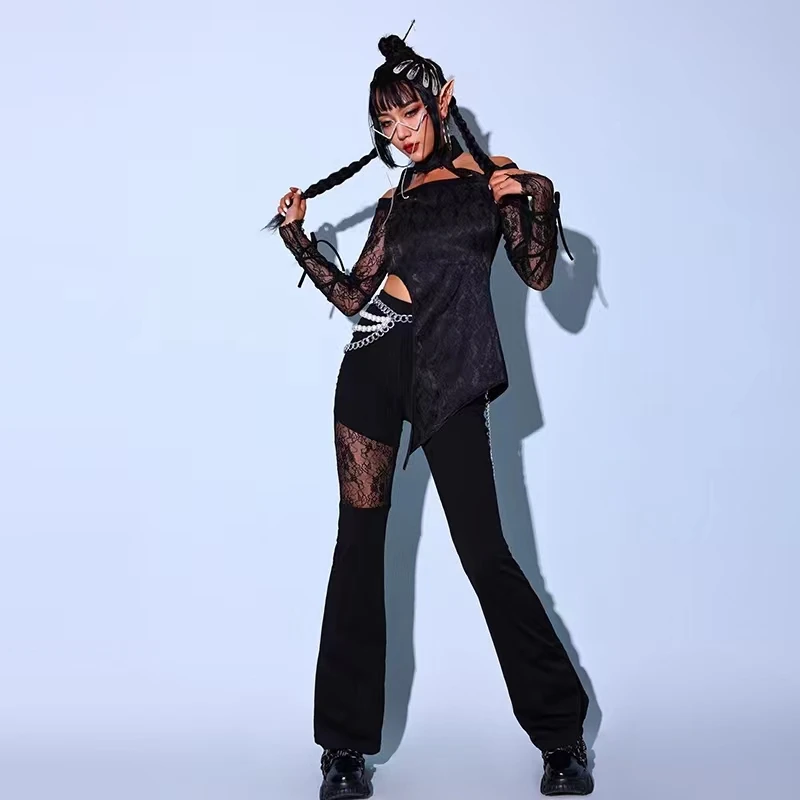 Новый Черный Джазовый Танцевальный костюм, Женский Сексуальный Кружевной Костюм Танцовщицы Gogo, Одежда в стиле хип-хоп, Корейский Сценический костюм Певицы, одежда для Dj Ds Rave Изображение 5