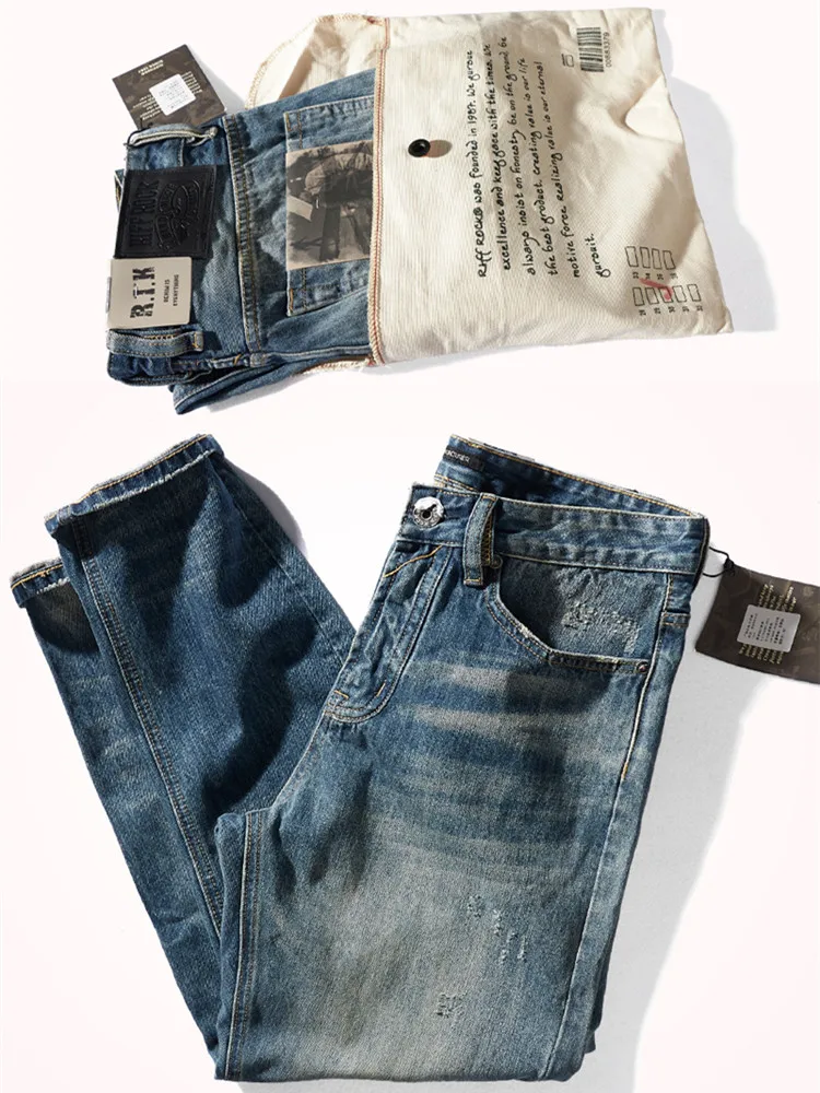 Осень-Зима, Новые американские ретро утолщенные джинсы из плотного денима, мужские модные повседневные прямые брюки из чистого хлопка, старые, выстиранные Изображение 5
